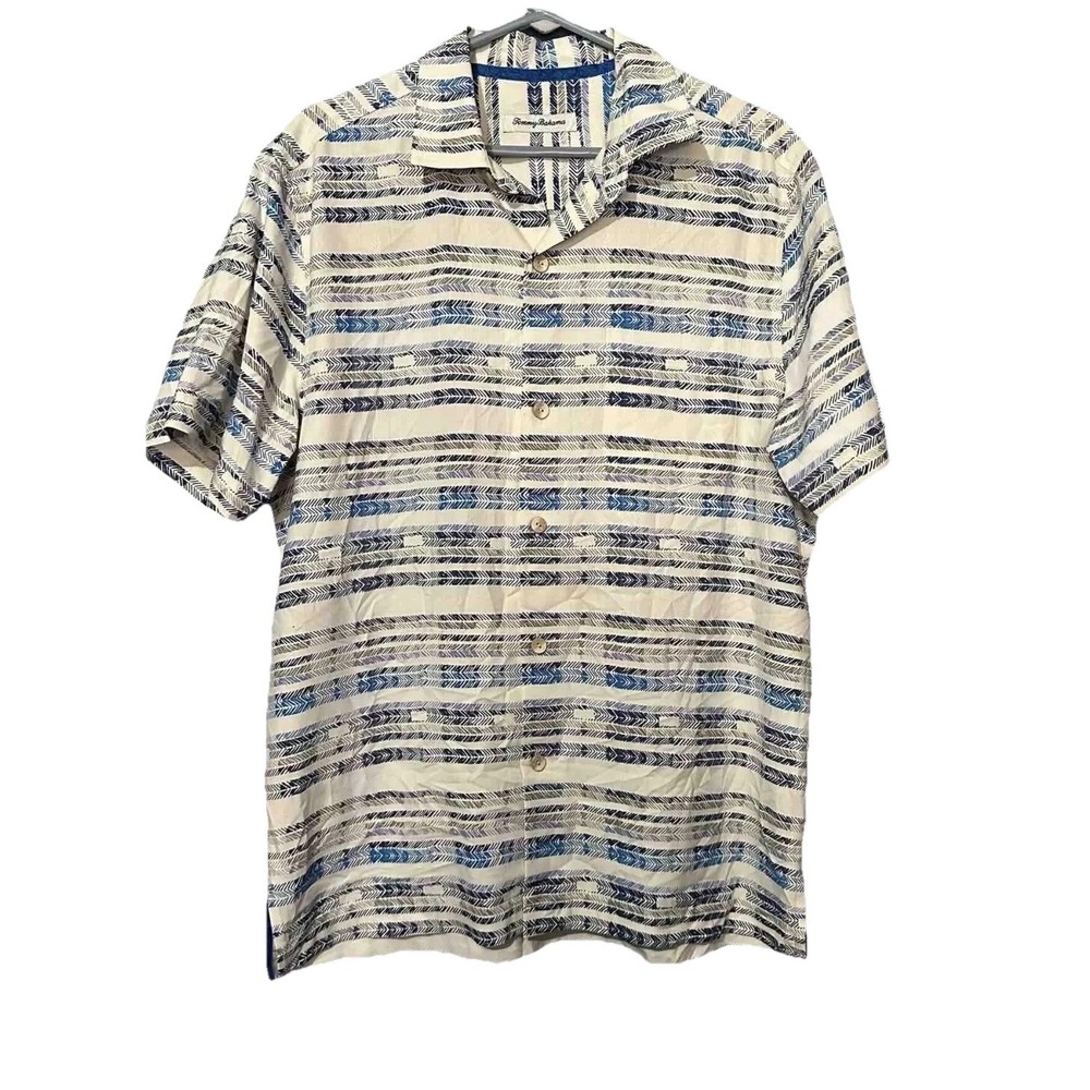 Tommy Bahama M silk blend button camp shirt white blue Short Sleeve Summer Shirt
